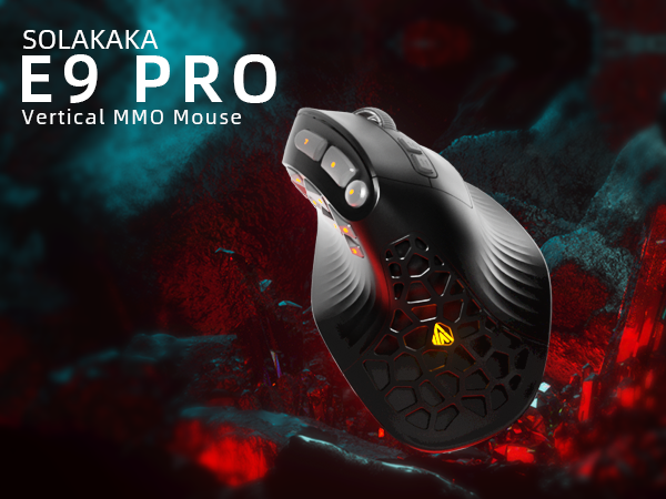 Solakaka E9PRO Tri-Mode Vertical Ergonomic MMO Gaming Mouse, 10 Programmable Side Buttons, RGB Backlit V1300-E9PRO-BLACK-GRAY