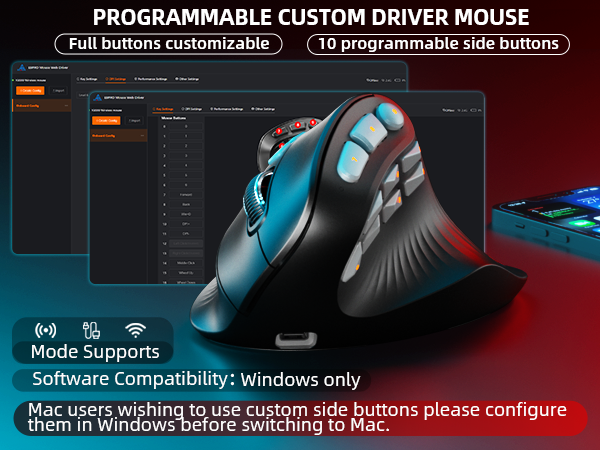 Solakaka E9PRO Tri-Mode Vertical Ergonomic MMO Gaming Mouse, 10 Programmable Side Buttons, RGB Backlit V1300-E9PRO-BLACK-GRAY