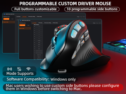 Solakaka E9PRO Tri-Mode Vertical Ergonomic MMO Gaming Mouse, 10 Programmable Side Buttons, RGB Backlit V1300-E9PRO-BLACK-GRAY