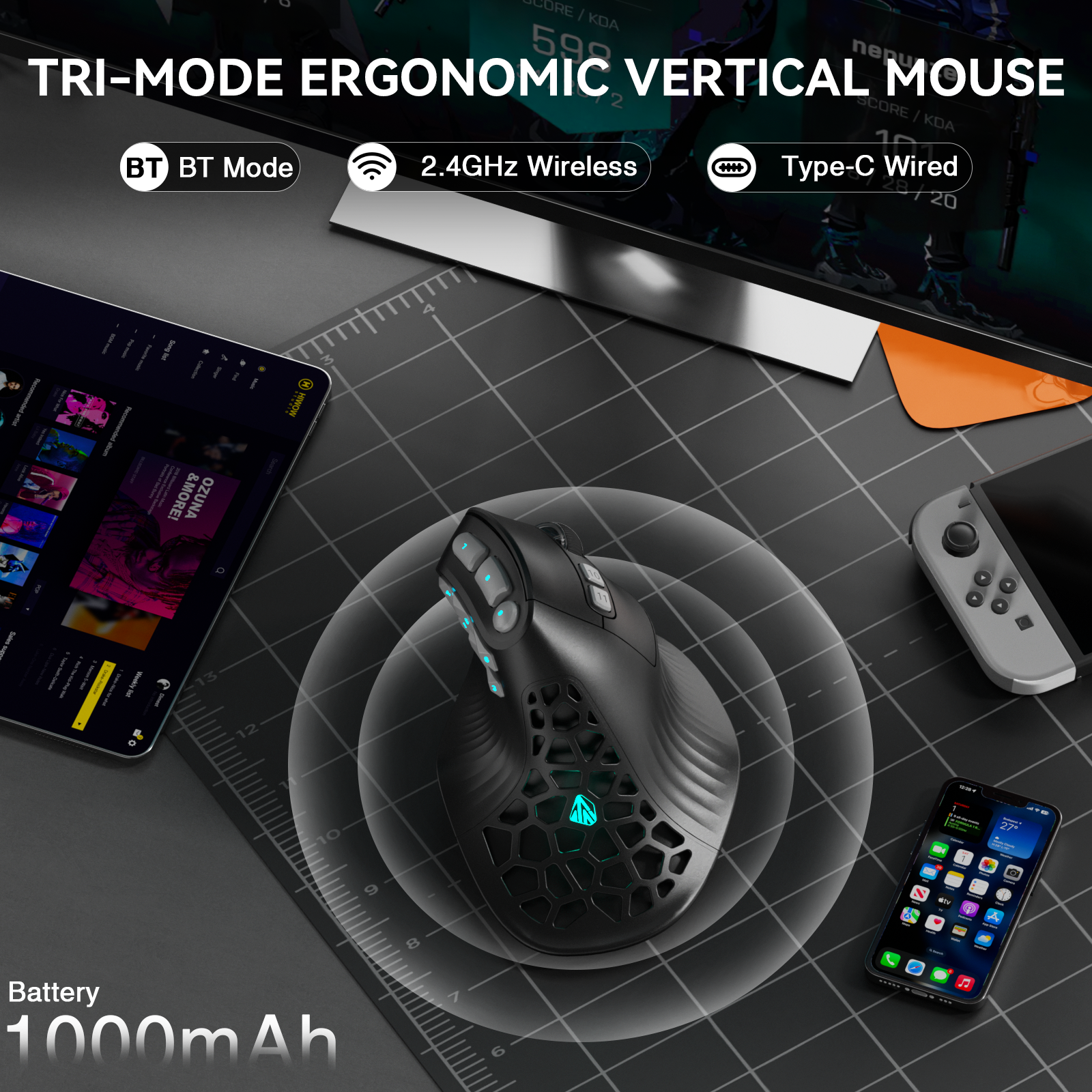 Solakaka E9PRO Tri-Mode Vertical Ergonomic MMO Gaming Mouse, 10 Programmable Side Buttons, RGB Backlit V1300-E9PRO-BLACK-GRAY