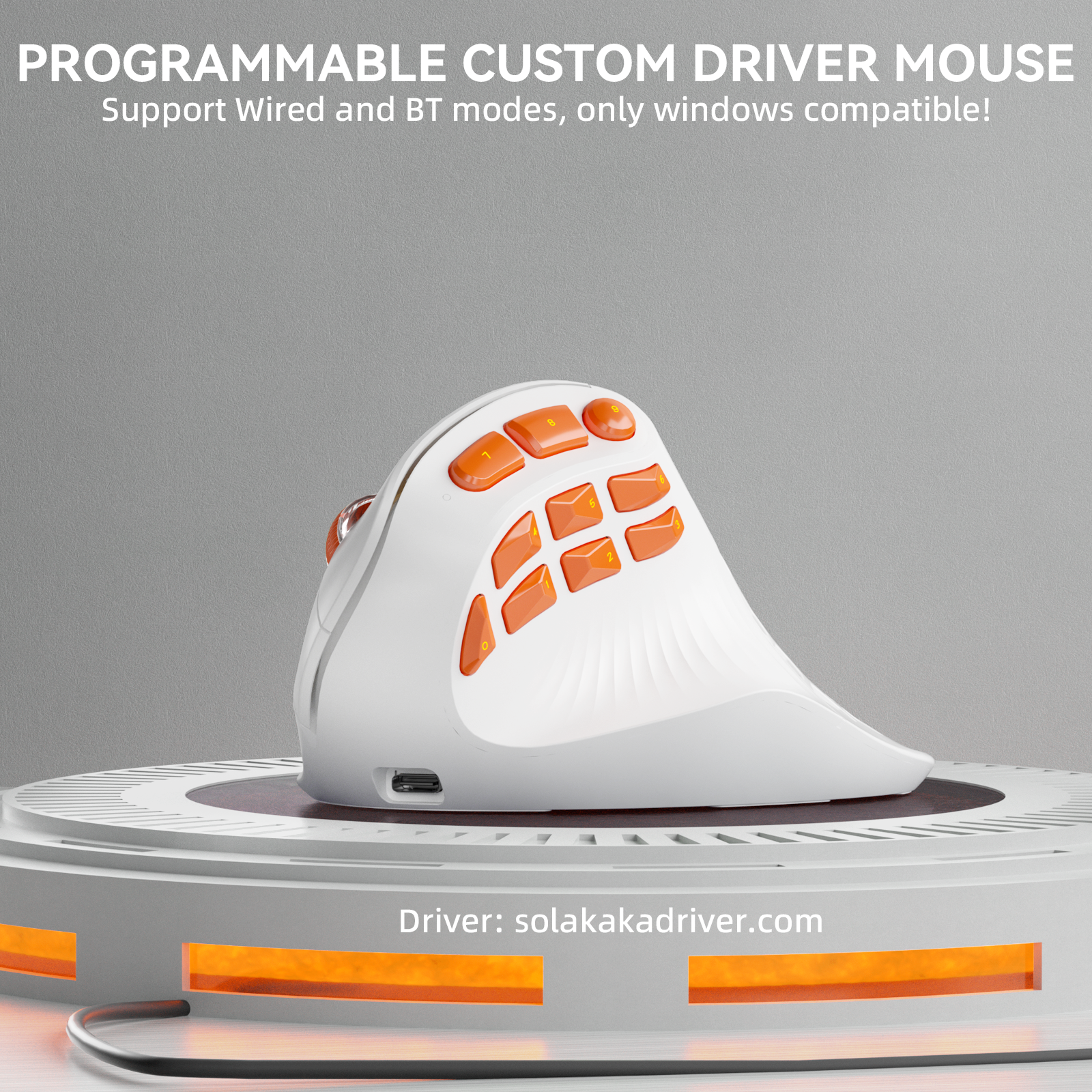 Solakaka E9PRO Tri-Mode Vertical Ergonomic MMO Gaming Mouse, 10 Programmable Side Buttons, RGB Backlit V1300-E9PRO-WHITE-ORANGE