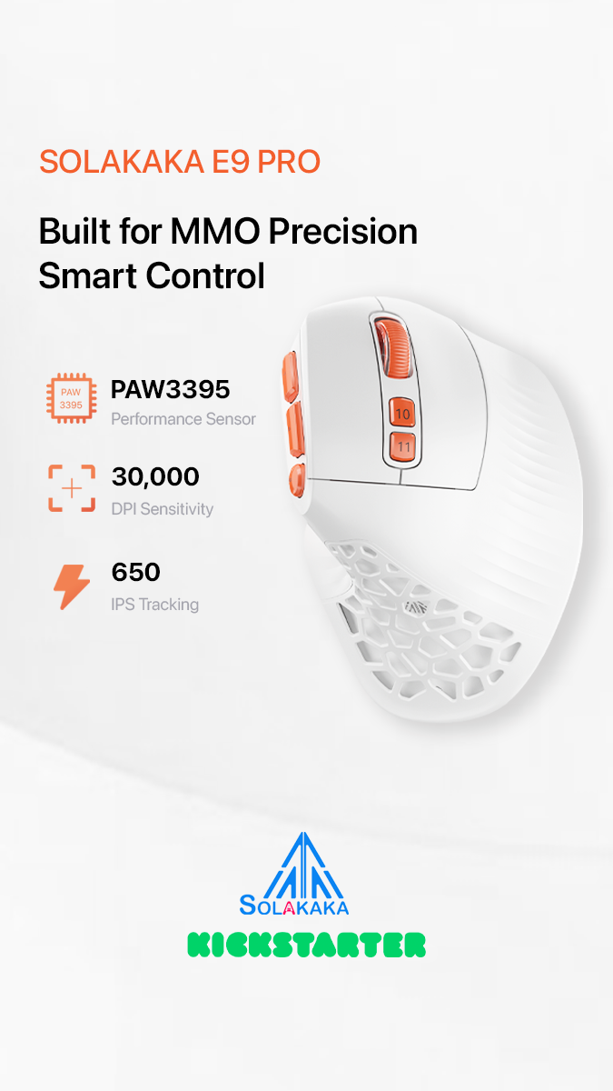 Solakaka E9PRO Tri-Mode Vertical Ergonomic MMO Gaming Mouse, 10 Programmable Side Buttons, RGB Backlit V1300-E9PRO-WHITE-ORANGE