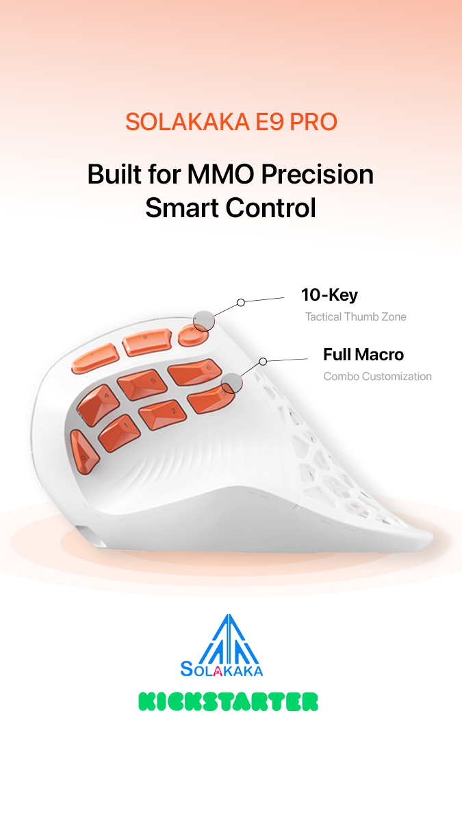 Solakaka E9PRO Tri-Mode Vertical Ergonomic MMO Gaming Mouse, 10 Programmable Side Buttons, RGB Backlit V1300-E9PRO-WHITE-ORANGE