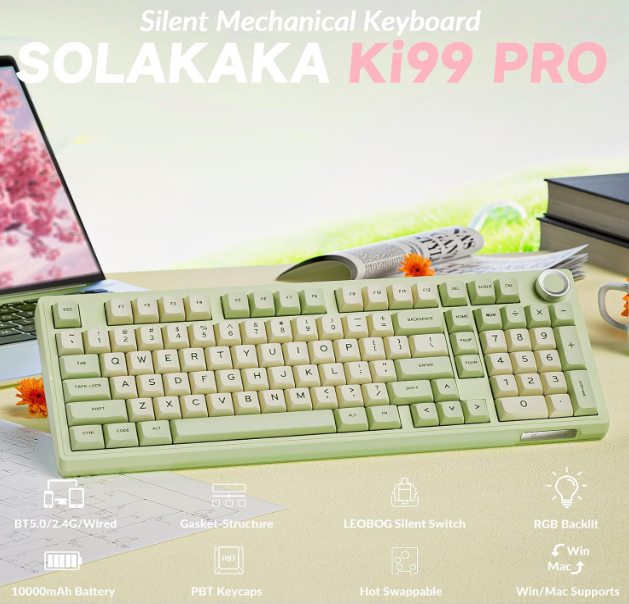 Solakaka Ki99pro 3-Mode RGB Mechanical Keyboard, Avocado-Green V1300-KI99PRO-AVOCADO-GREEN