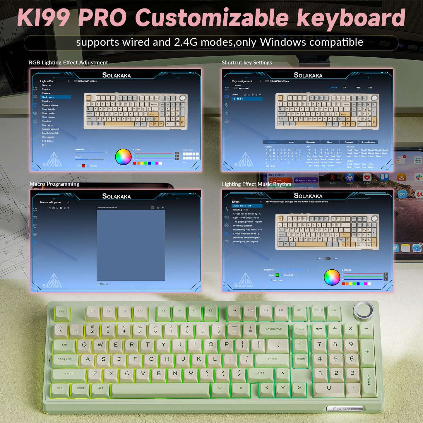 Solakaka Ki99pro 3-Mode RGB Mechanical Keyboard, Avocado-Green V1300-KI99PRO-AVOCADO-GREEN
