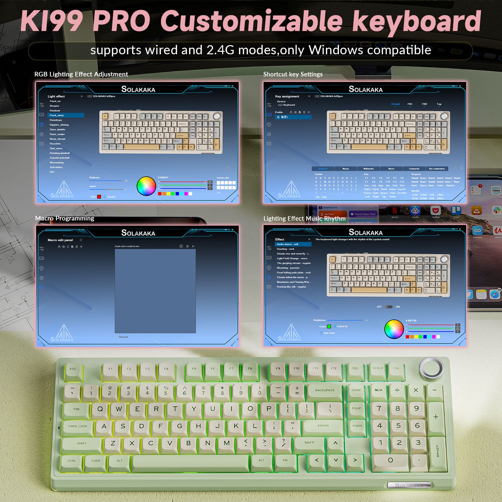 Solakaka Ki99pro 3-Mode RGB Mechanical Keyboard, Avocado-Green V1300-KI99PRO-AVOCADO-GREEN
