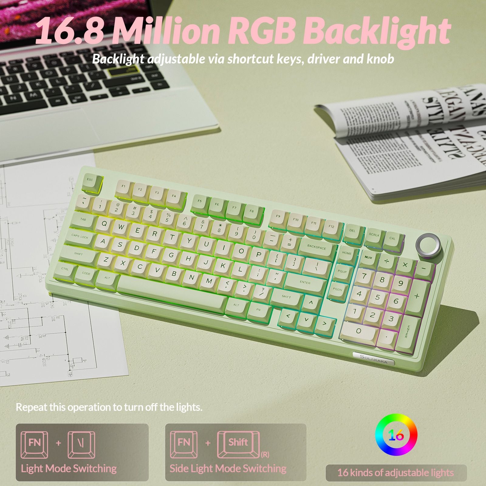 Solakaka Ki99pro 3-Mode RGB Mechanical Keyboard, Avocado-Green V1300-KI99PRO-AVOCADO-GREEN