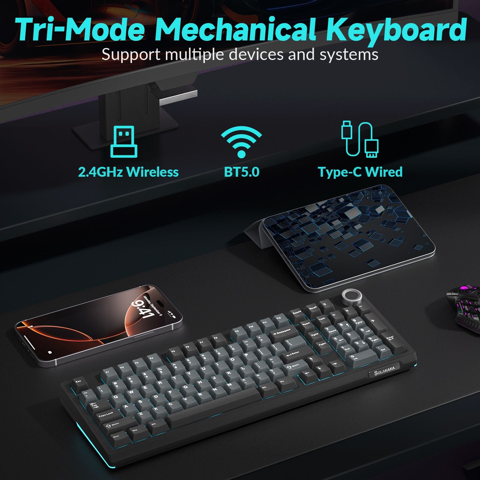 Solakaka Ki99pro 3-Mode RGB Mechanical Keyboard, Gray-Blue V1300-KI99PRO-GRA-BLUE
