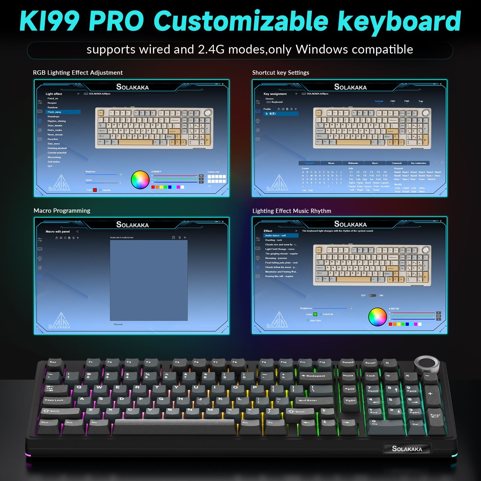 Solakaka Ki99pro 3-Mode RGB Mechanical Keyboard, Gray-Blue V1300-KI99PRO-GRA-BLUE