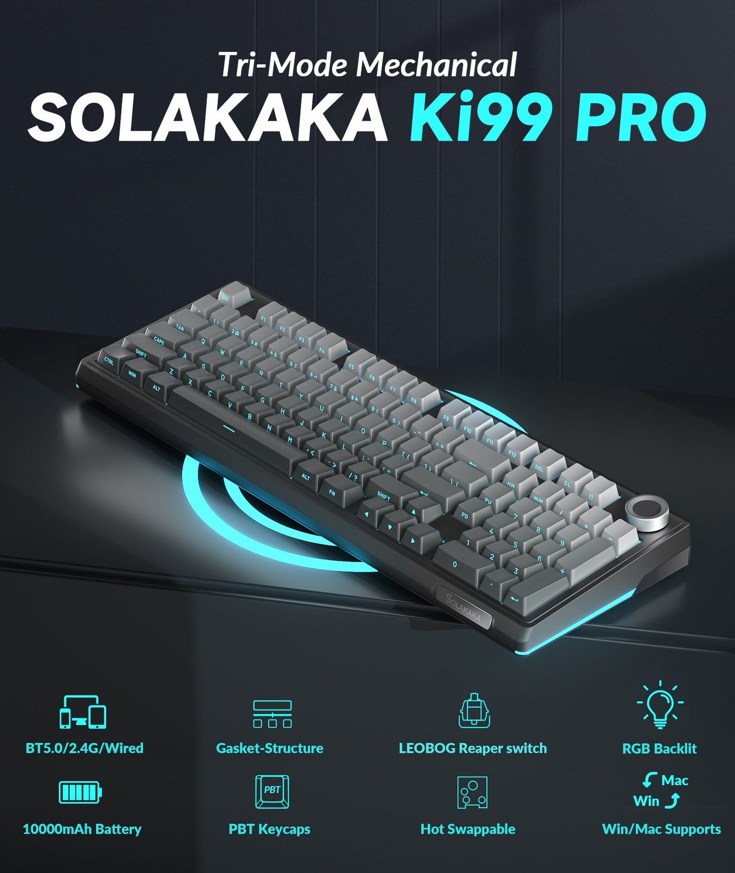 Solakaka Ki99pro 3-Mode RGB Mechanical Keyboard, Gradient-Gray V1300-KI99PRO-GRADIENT-GRAY