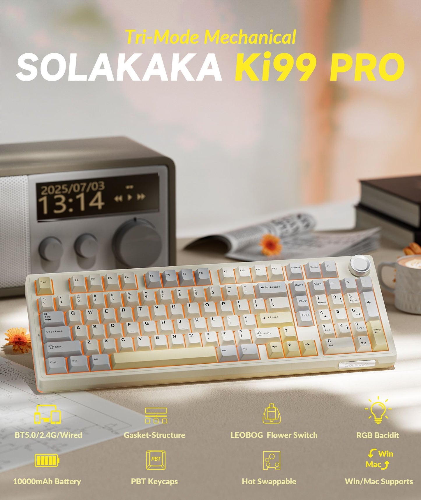 Solakaka Ki99pro 3-Mode RGB Mechanical Keyboard, Orange-White V1300-KI99PRO-ORANGE-WHITE