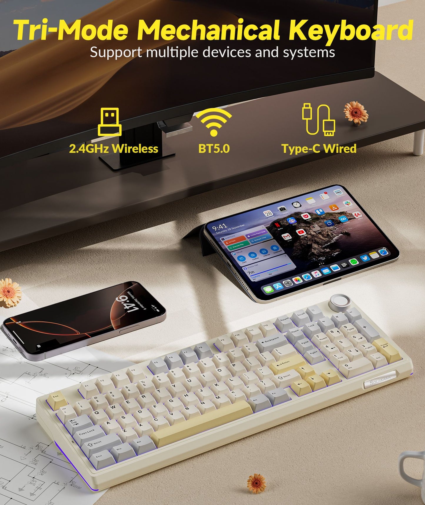 Solakaka Ki99pro 3-Mode RGB Mechanical Keyboard, Orange-White V1300-KI99PRO-ORANGE-WHITE