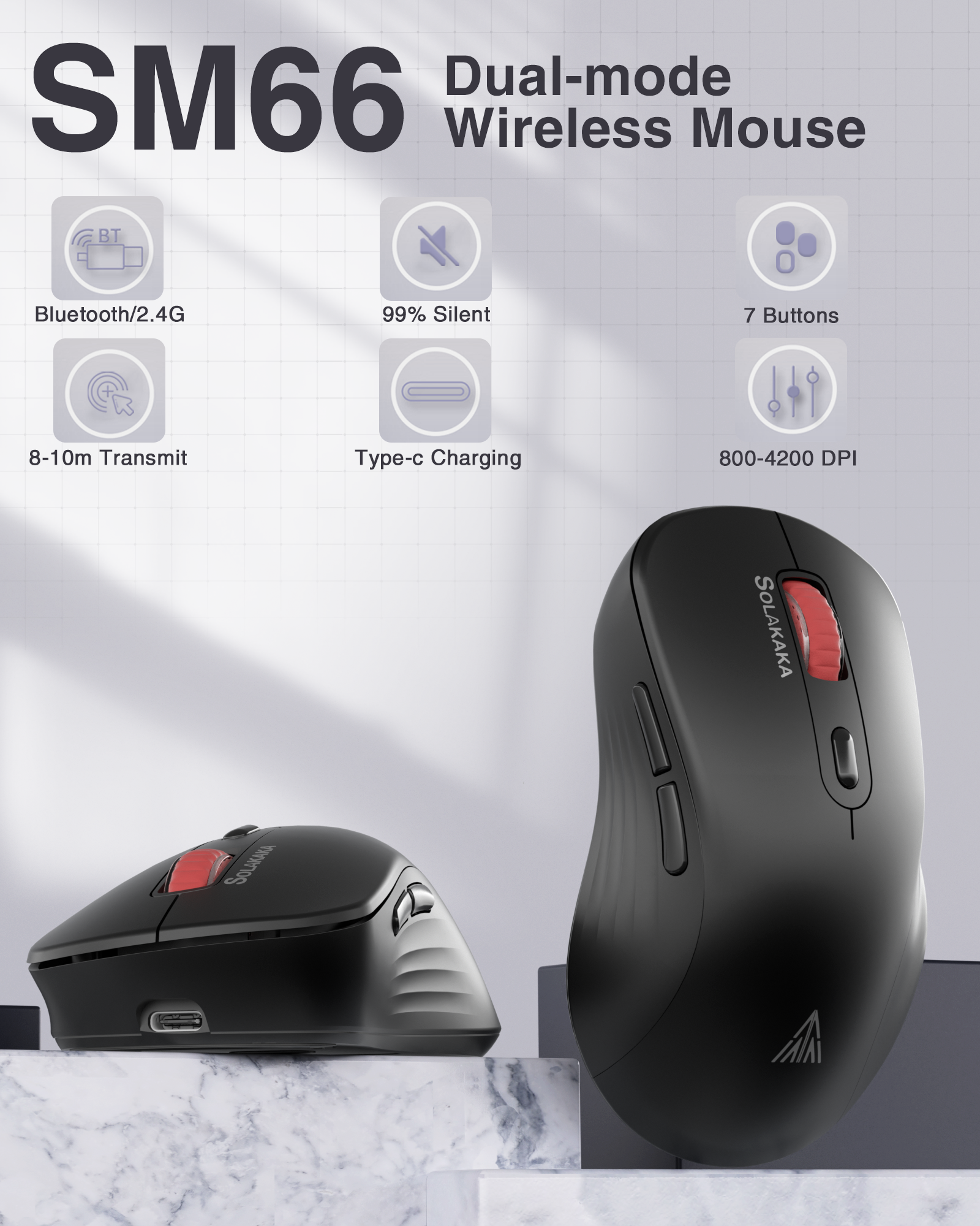 SM66 Dual Mode Wireless Gaming Mouse, Rechargeable RGB Ergonomic Mice with Adjustable DPI ,black V1300-SM66-BLACK