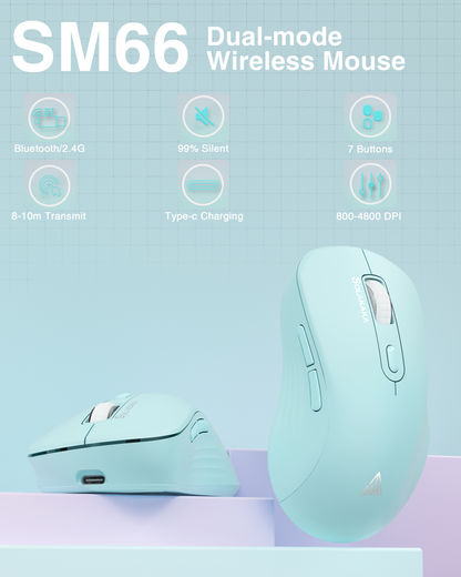 SM69 Dual Mode Wireless Gaming Mouse, Rechargeable RGB Ergonomic Mice with Adjustable DPI ,green V1300-SM66-GREEN