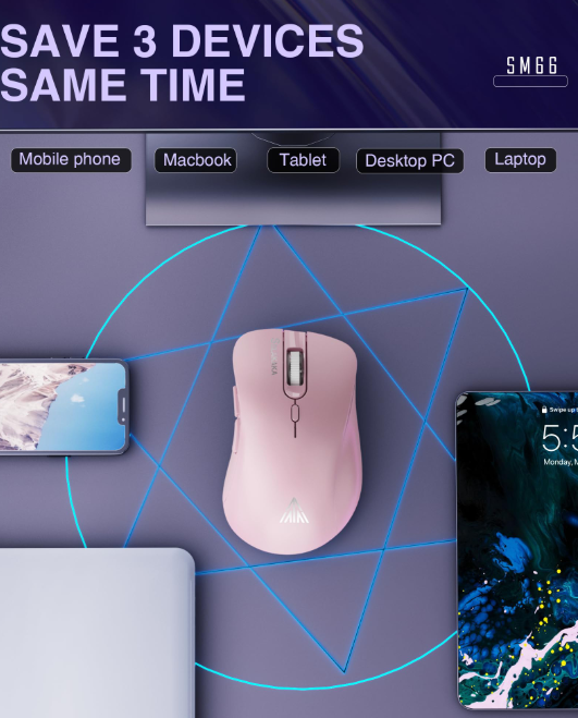 SM67 Dual Mode Wireless Gaming Mouse, Rechargeable RGB Ergonomic Mice with Adjustable DPI ,pink V1300-SM66-PINK