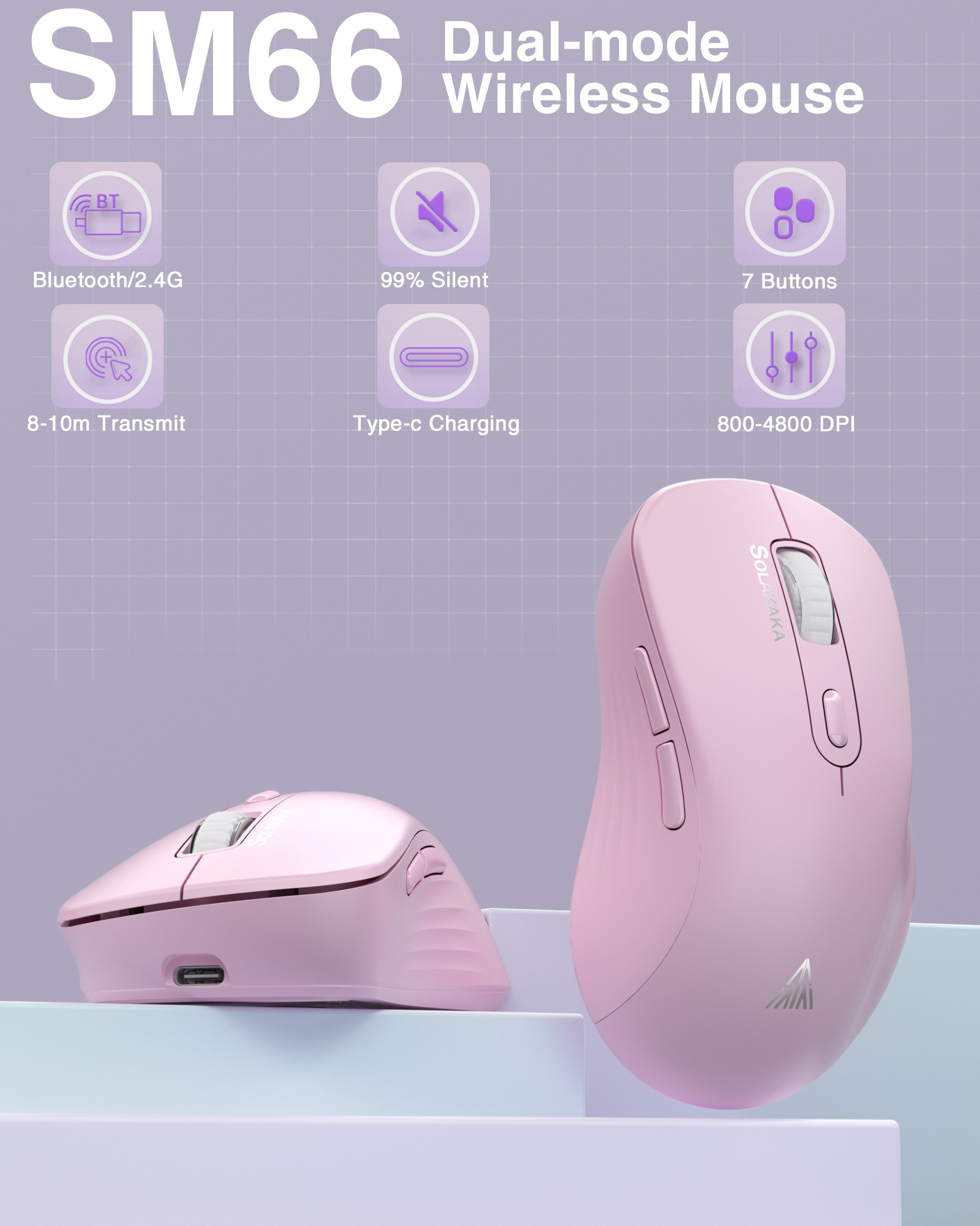 SM67 Dual Mode Wireless Gaming Mouse, Rechargeable RGB Ergonomic Mice with Adjustable DPI ,pink V1300-SM66-PINK