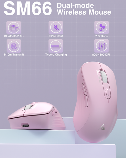 SM67 Dual Mode Wireless Gaming Mouse, Rechargeable RGB Ergonomic Mice with Adjustable DPI ,pink V1300-SM66-PINK