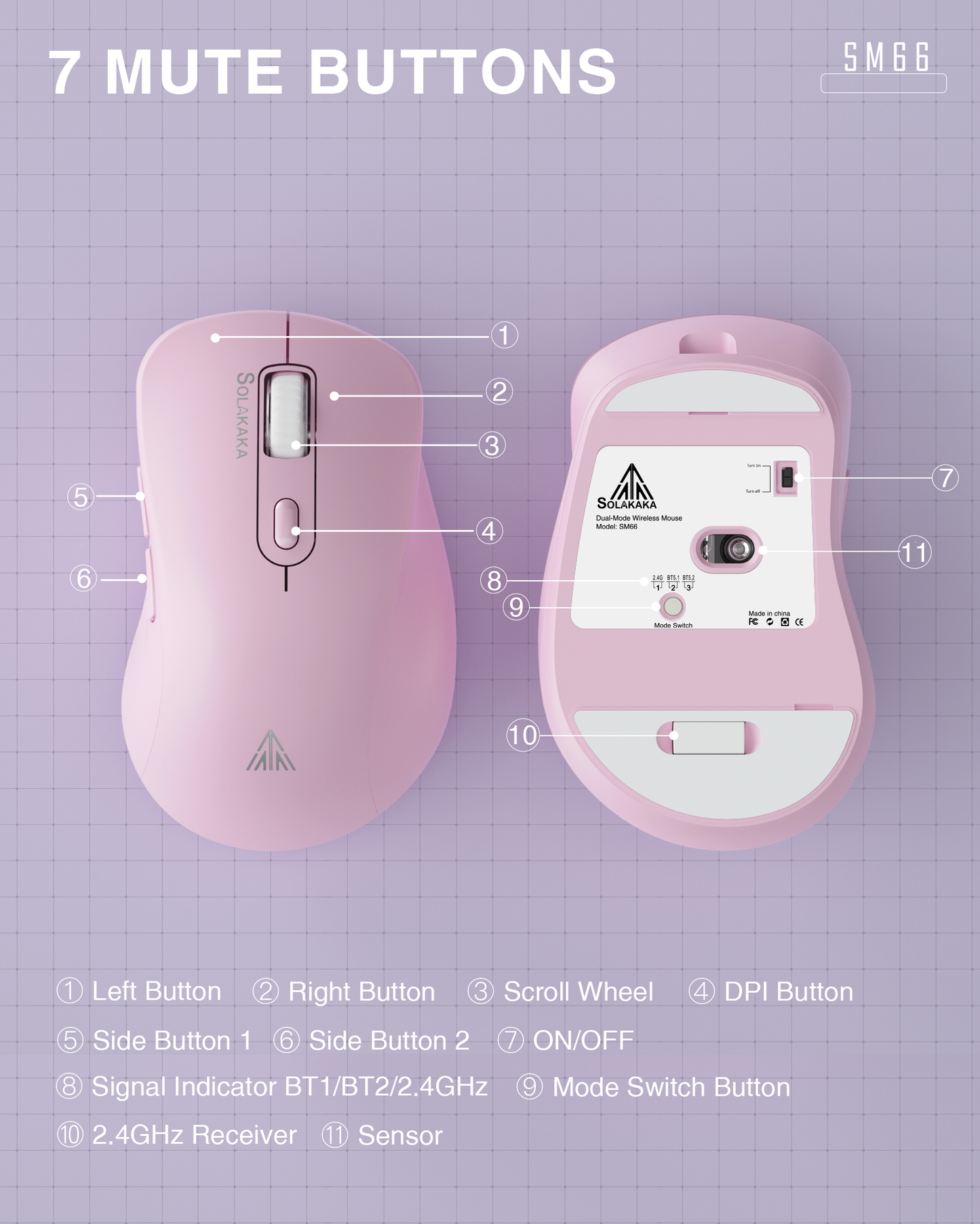SM67 Dual Mode Wireless Gaming Mouse, Rechargeable RGB Ergonomic Mice with Adjustable DPI ,pink V1300-SM66-PINK