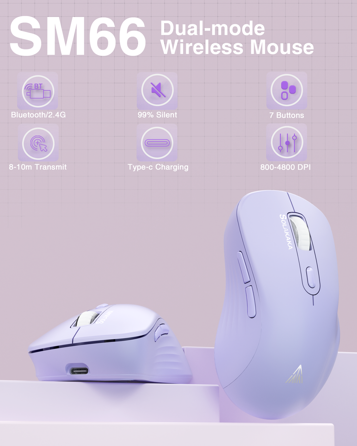 SM68 Dual Mode Wireless Gaming Mouse, Rechargeable RGB Ergonomic Mice with Adjustable DPI ,purple V1300-SM66-PURPLE