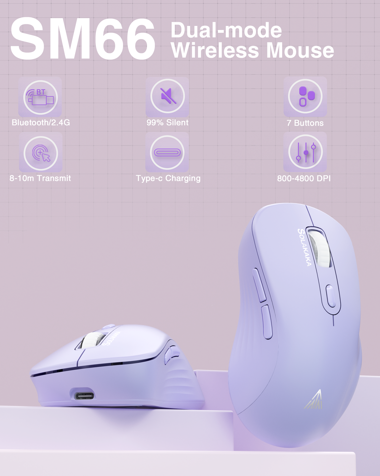 SM68 Dual Mode Wireless Gaming Mouse, Rechargeable RGB Ergonomic Mice with Adjustable DPI ,purple V1300-SM66-PURPLE