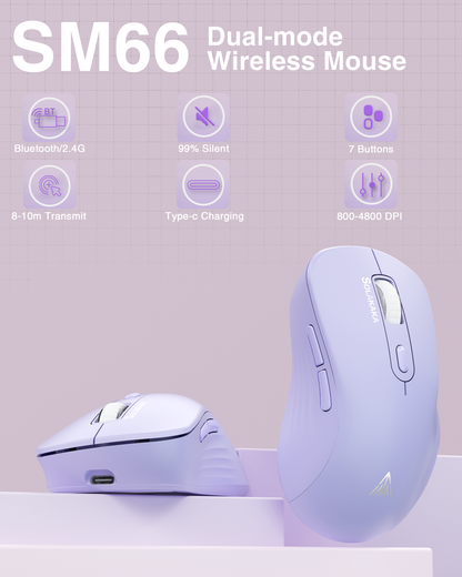 SM68 Dual Mode Wireless Gaming Mouse, Rechargeable RGB Ergonomic Mice with Adjustable DPI ,purple V1300-SM66-PURPLE