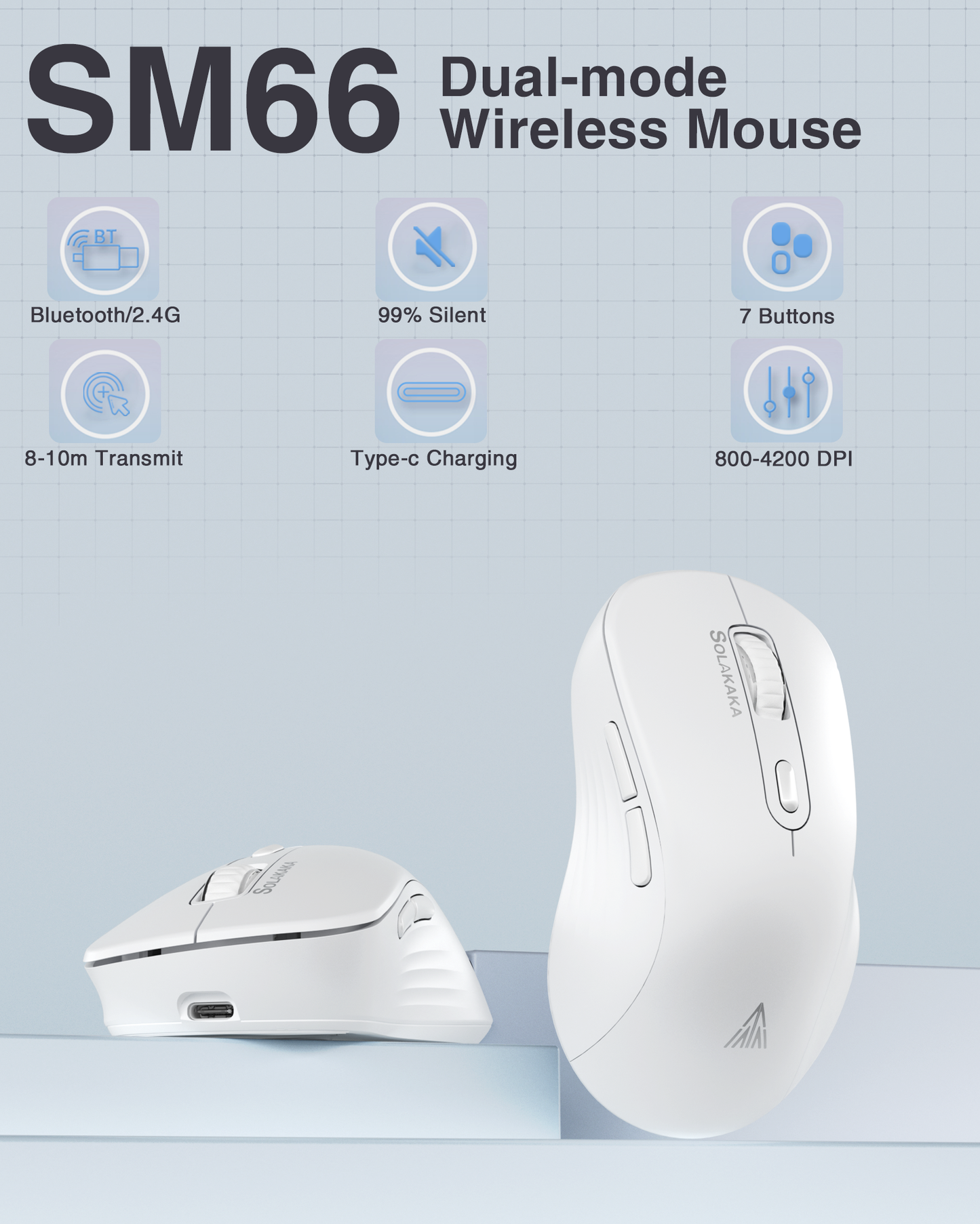 SM66 Dual Mode Wireless Gaming Mouse, Rechargeable RGB Ergonomic Mice with Adjustable DPI ,white V1300-SM66-WHITE