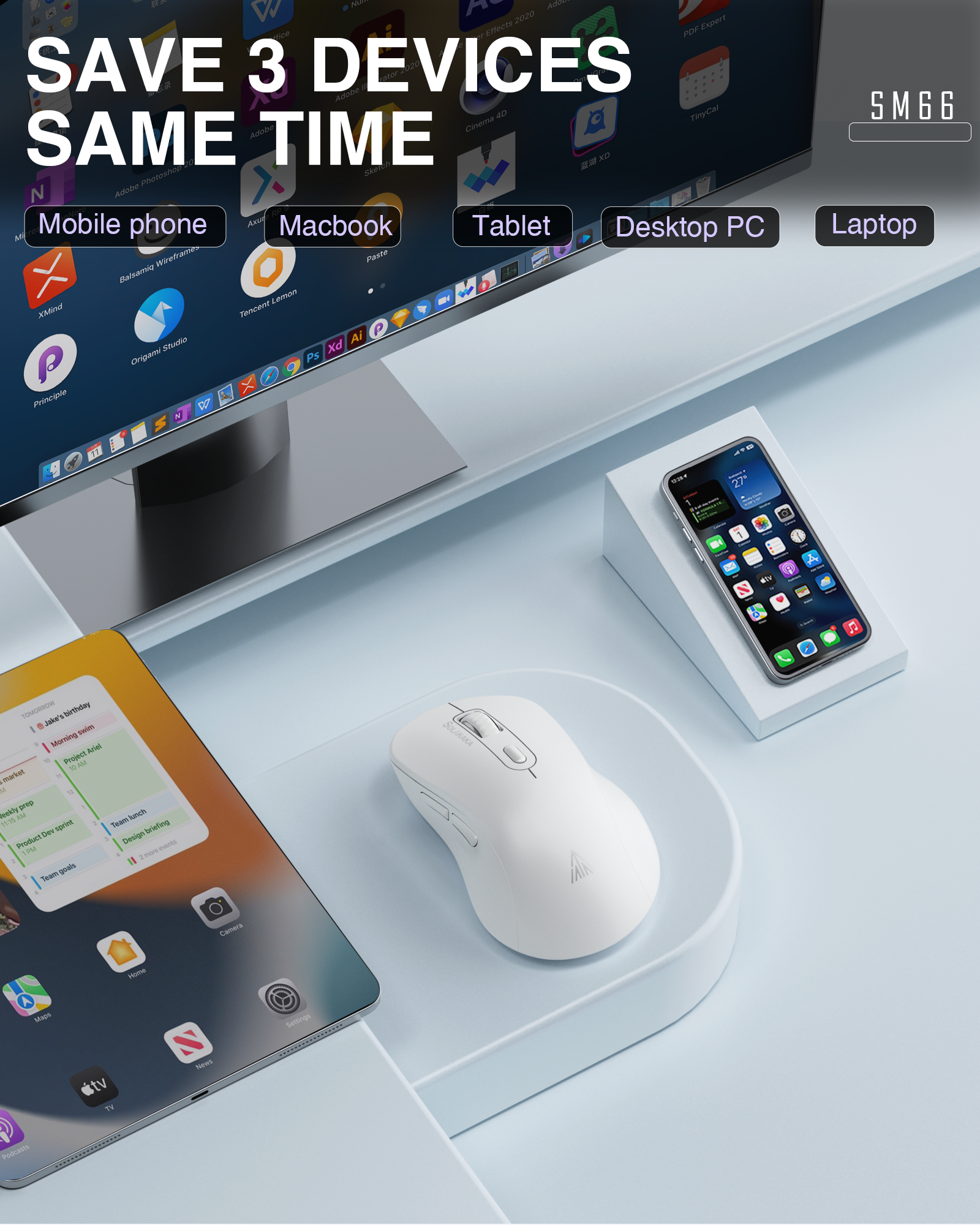 SM66 Dual Mode Wireless Gaming Mouse, Rechargeable RGB Ergonomic Mice with Adjustable DPI ,white V1300-SM66-WHITE