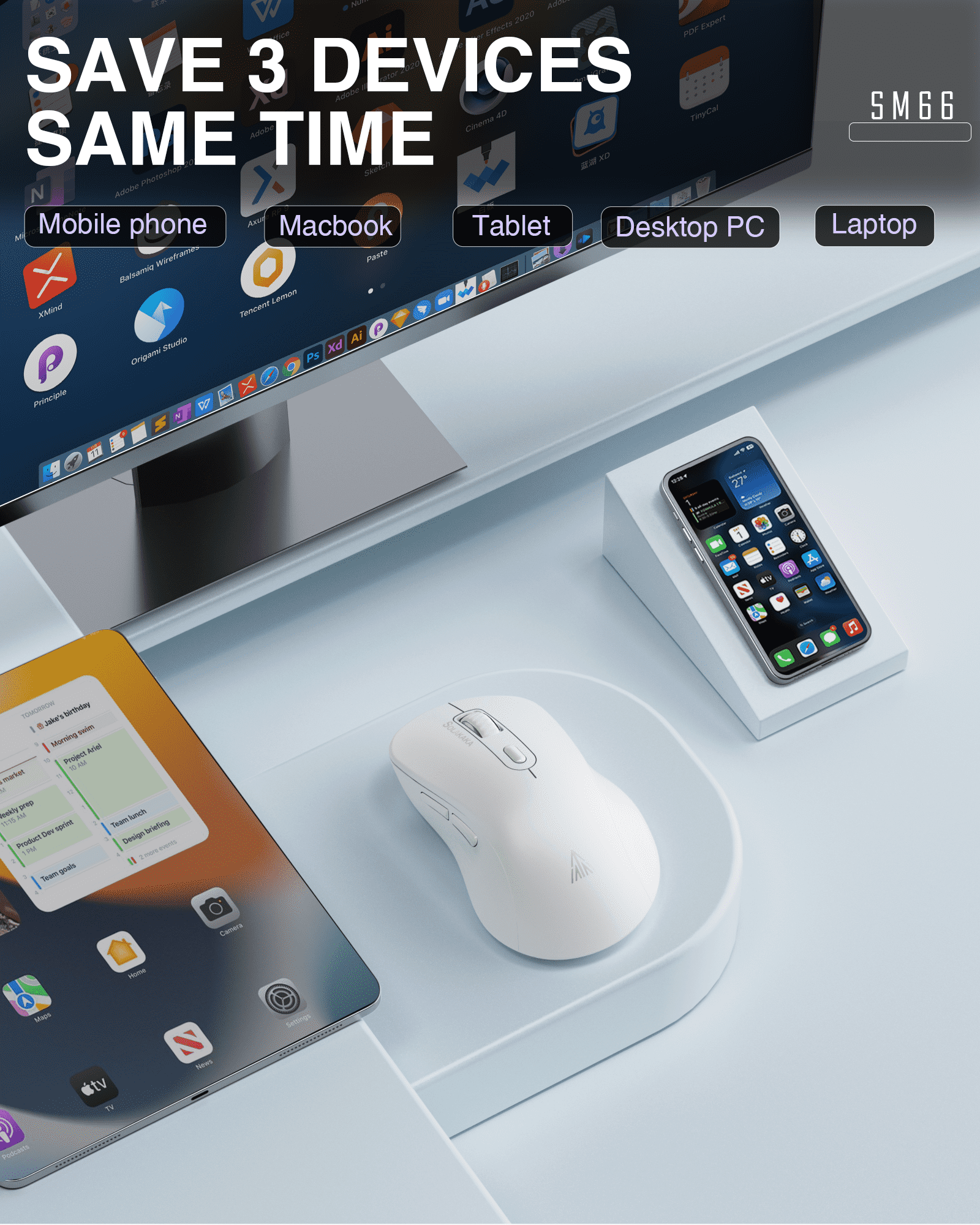 SM66 Dual Mode Wireless Gaming Mouse, Rechargeable RGB Ergonomic Mice with Adjustable DPI ,white V1300-SM66-WHITE