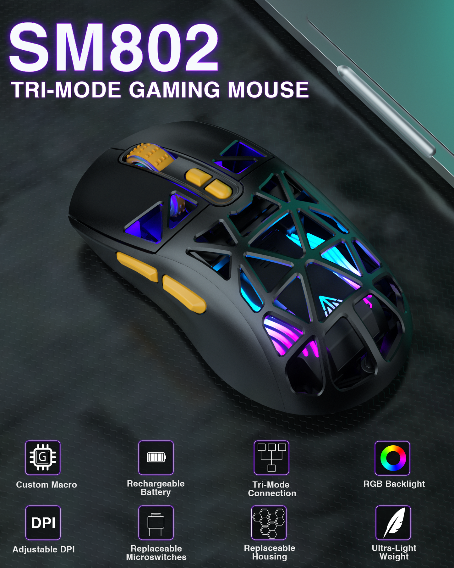 SM802 Tri-Mode Gaming Mouse, Adjustable DPI, RGB Backlight, Ergonomic Wireless Mouse,black V1300-SM802-BLACK