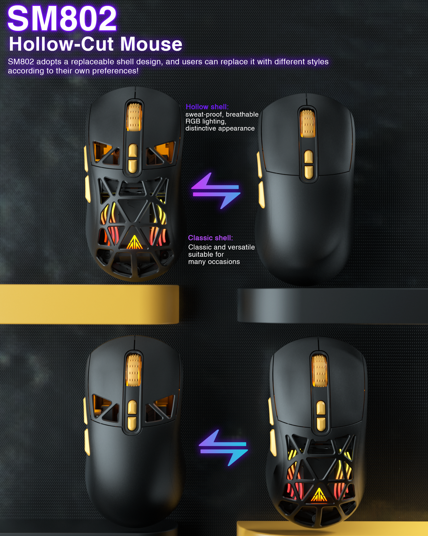 SM802 Tri-Mode Gaming Mouse, Adjustable DPI, RGB Backlight, Ergonomic Wireless Mouse,black V1300-SM802-BLACK