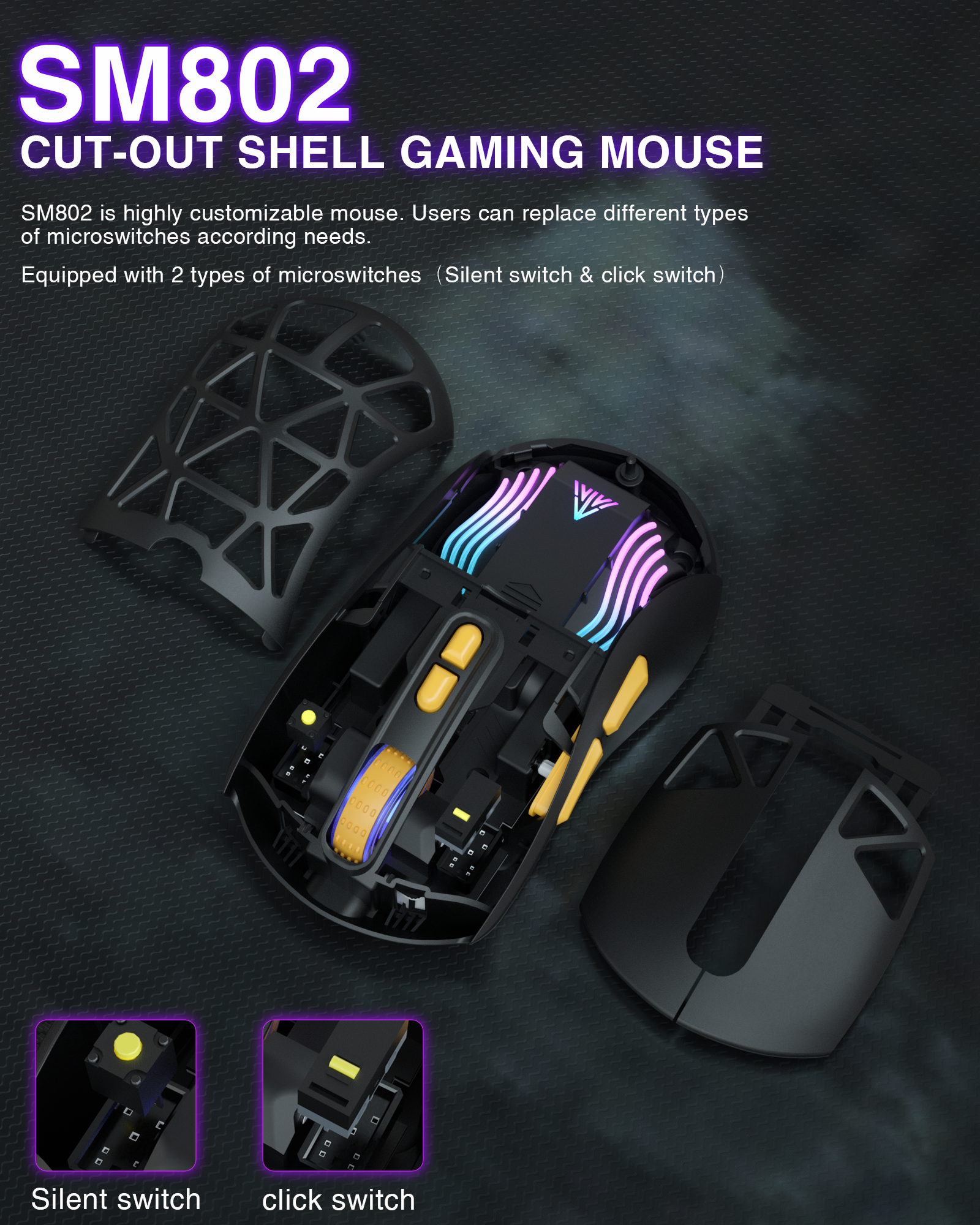 SM802 Tri-Mode Gaming Mouse, Adjustable DPI, RGB Backlight, Ergonomic Wireless Mouse,black V1300-SM802-BLACK