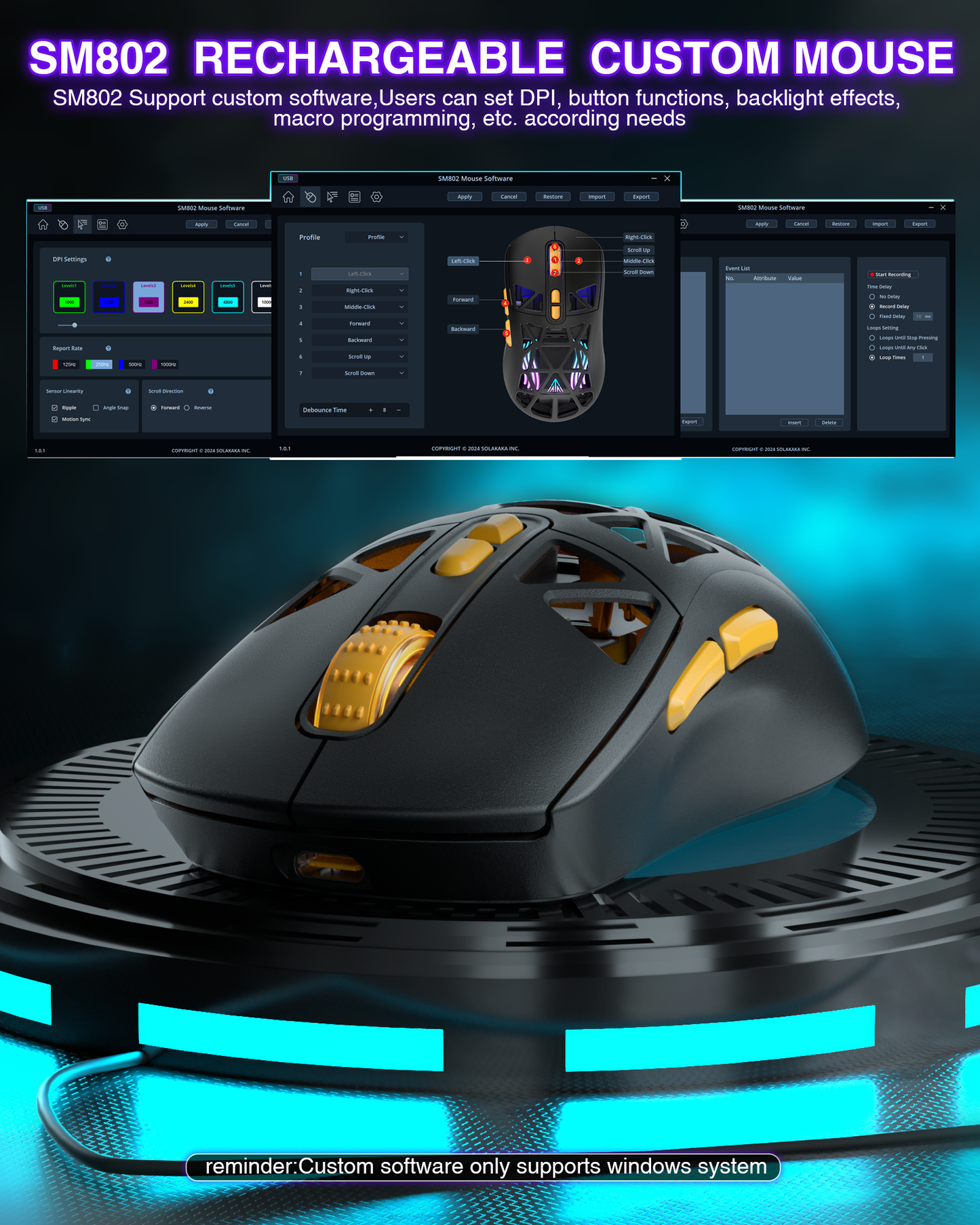 SM802 Tri-Mode Gaming Mouse, Adjustable DPI, RGB Backlight, Ergonomic Wireless Mouse,black V1300-SM802-BLACK
