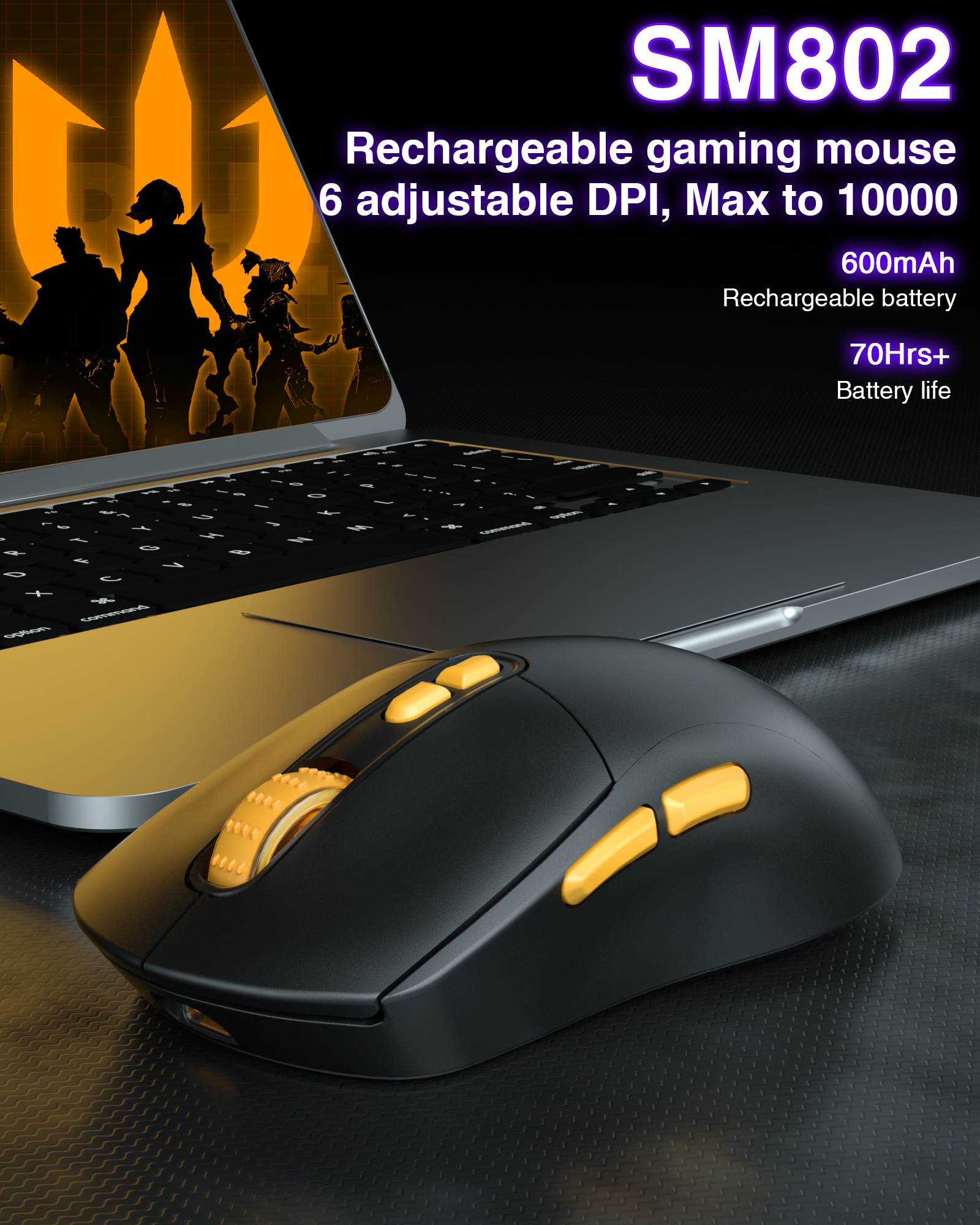 SM802 Tri-Mode Gaming Mouse, Adjustable DPI, RGB Backlight, Ergonomic Wireless Mouse,black V1300-SM802-BLACK