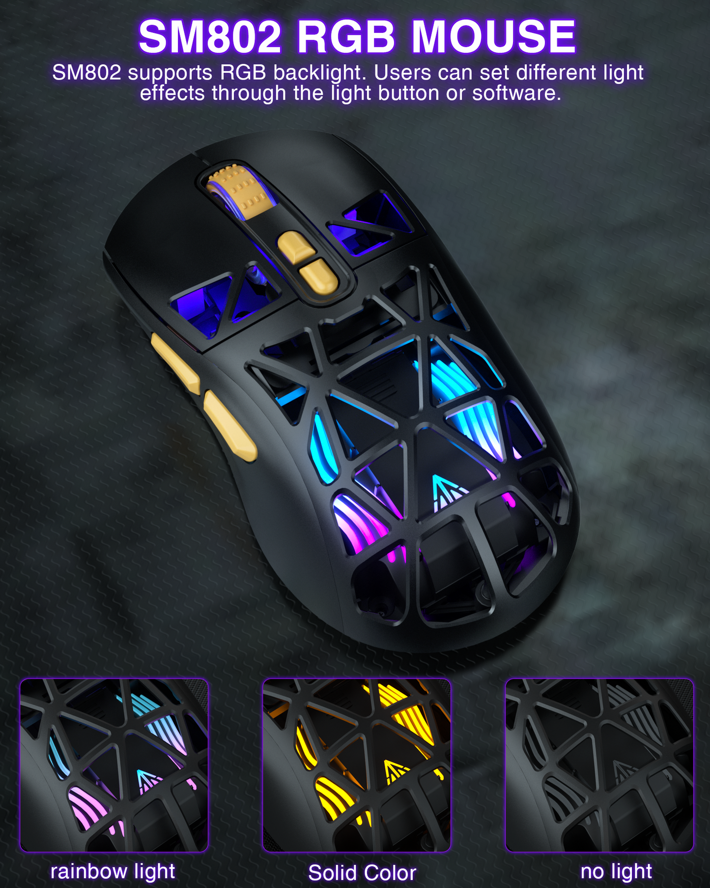 SM802 Tri-Mode Gaming Mouse, Adjustable DPI, RGB Backlight, Ergonomic Wireless Mouse,black V1300-SM802-BLACK