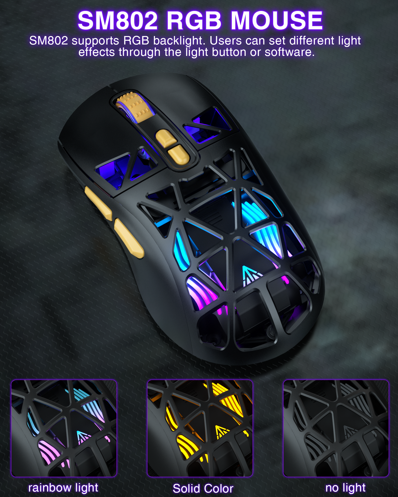 SM802 Tri-Mode Gaming Mouse, Adjustable DPI, RGB Backlight, Ergonomic Wireless Mouse,black V1300-SM802-BLACK