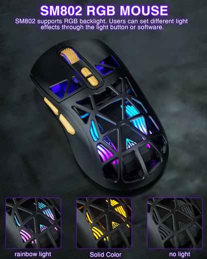 SM802 Tri-Mode Gaming Mouse, Adjustable DPI, RGB Backlight, Ergonomic Wireless Mouse,black V1300-SM802-BLACK