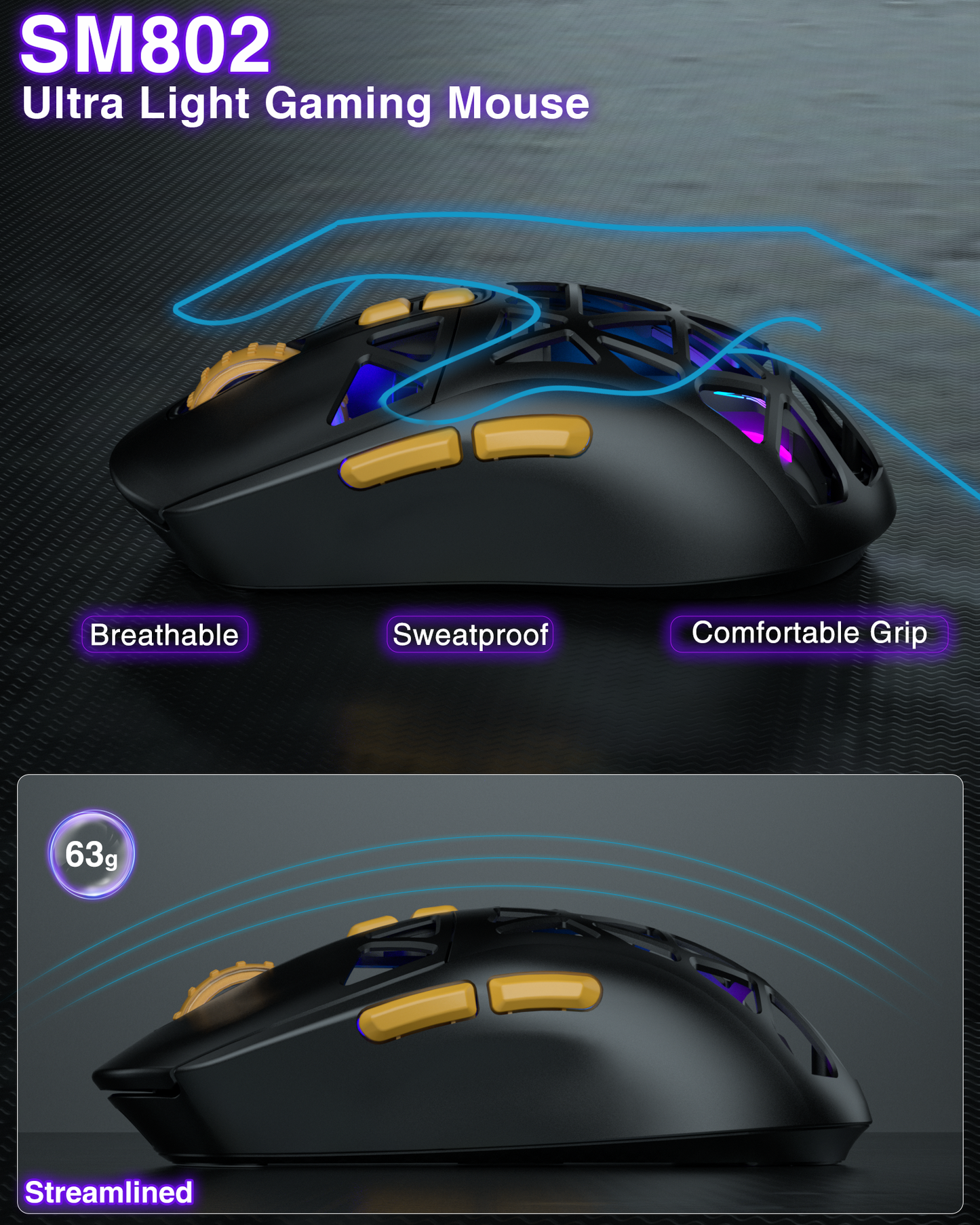 SM802 Tri-Mode Gaming Mouse, Adjustable DPI, RGB Backlight, Ergonomic Wireless Mouse,black V1300-SM802-BLACK