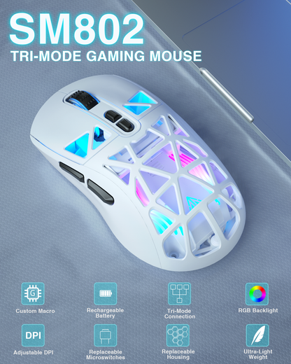 SM802 Tri-Mode Gaming Mouse, Adjustable DPI, RGB Backlight, Ergonomic Wireless Mouse,white V1300-SM802-WHITE
