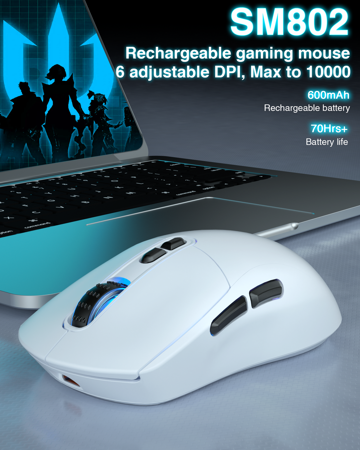 SM802 Tri-Mode Gaming Mouse, Adjustable DPI, RGB Backlight, Ergonomic Wireless Mouse,white V1300-SM802-WHITE