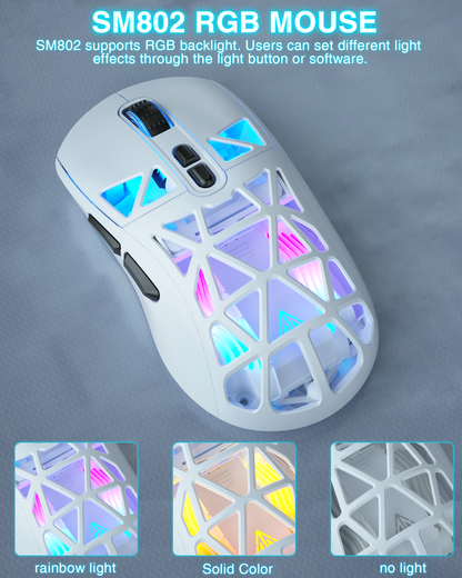 SM802 Tri-Mode Gaming Mouse, Adjustable DPI, RGB Backlight, Ergonomic Wireless Mouse,white V1300-SM802-WHITE