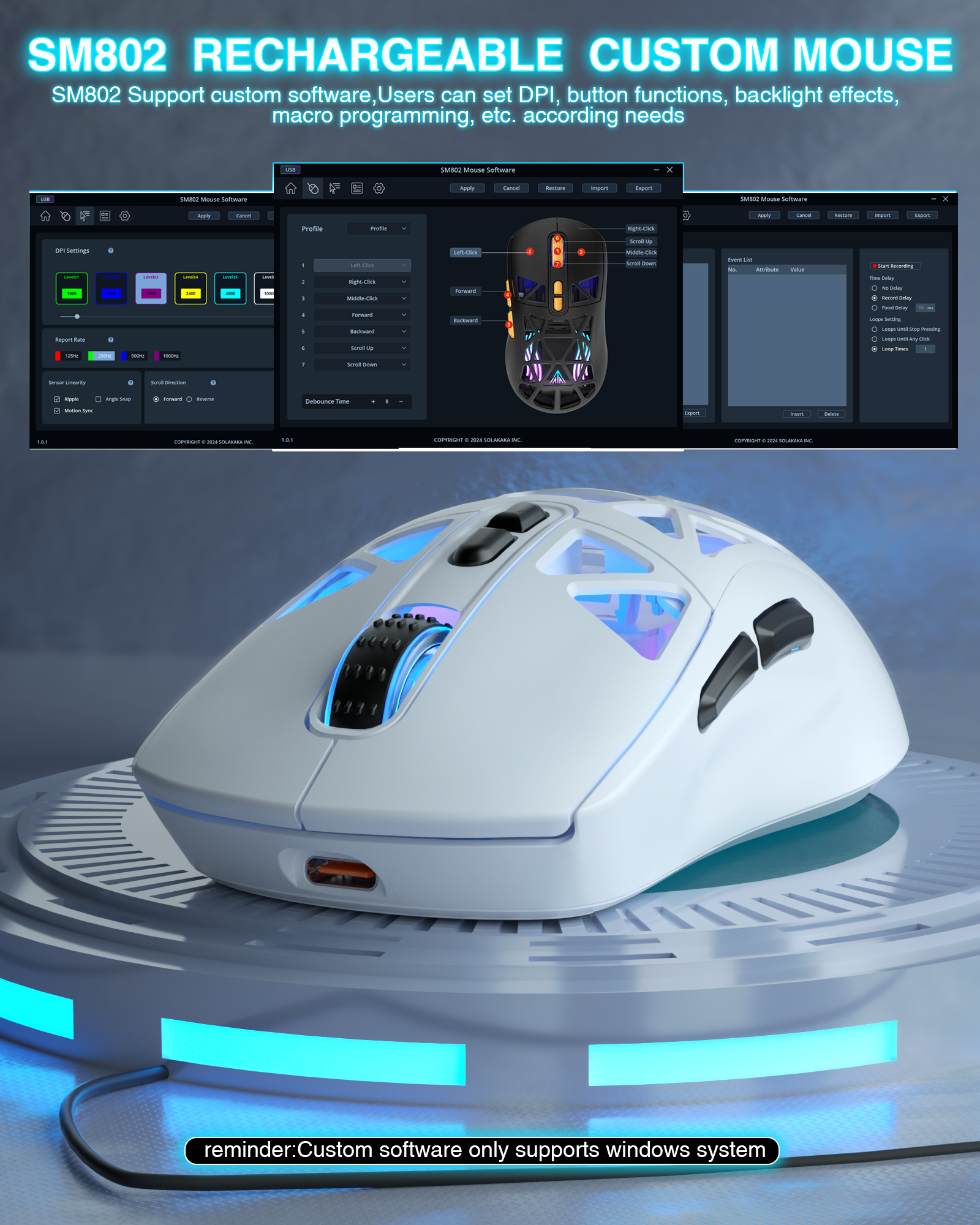 SM802 Tri-Mode Gaming Mouse, Adjustable DPI, RGB Backlight, Ergonomic Wireless Mouse,white V1300-SM802-WHITE
