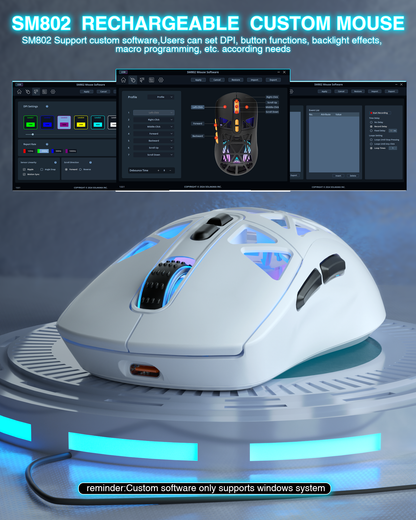 SM802 Tri-Mode Gaming Mouse, Adjustable DPI, RGB Backlight, Ergonomic Wireless Mouse,white V1300-SM802-WHITE