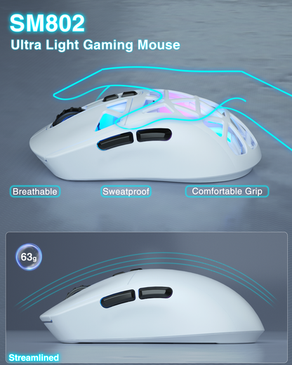 SM802 Tri-Mode Gaming Mouse, Adjustable DPI, RGB Backlight, Ergonomic Wireless Mouse,white V1300-SM802-WHITE