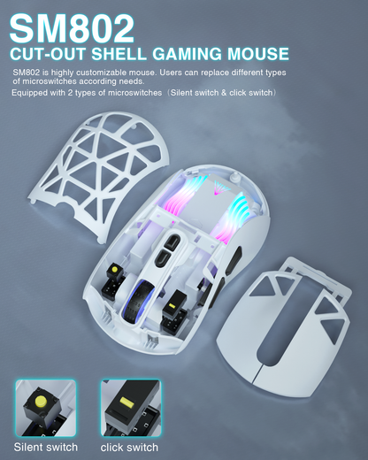 SM802 Tri-Mode Gaming Mouse, Adjustable DPI, RGB Backlight, Ergonomic Wireless Mouse,white V1300-SM802-WHITE