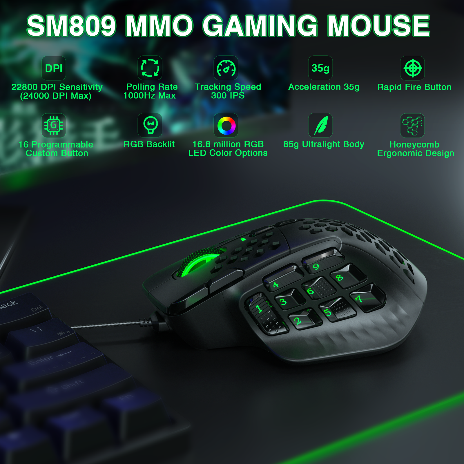 SOLAKAKA SM809 Wired MMO Gaming Mouse V1300-SM809