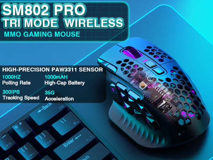 SM809pro Tri-Mode MM0 Wireless Gaming Mouse, Adjustable DPI RGB Backlight,black V1300-SM809PRO-BLACK