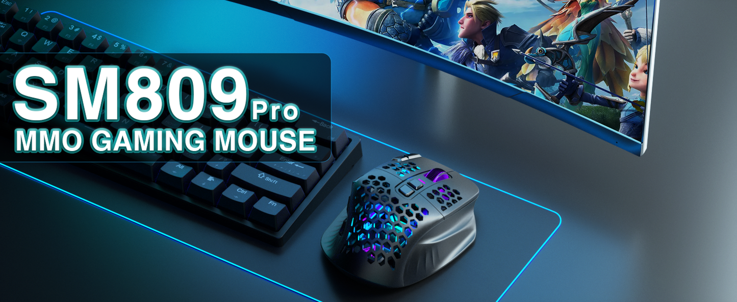 SM809pro Tri-Mode MM0 Wireless Gaming Mouse, Adjustable DPI RGB Backlight,black V1300-SM809PRO-BLACK