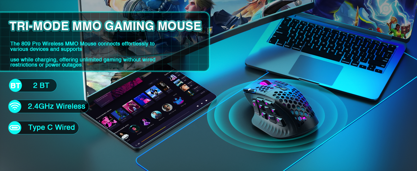 SM809pro Tri-Mode MM0 Wireless Gaming Mouse, Adjustable DPI RGB Backlight,black V1300-SM809PRO-BLACK