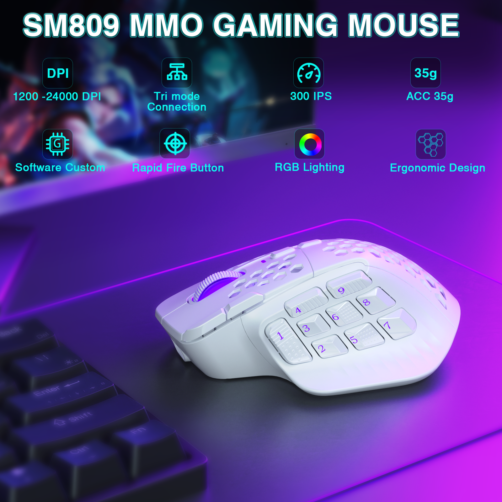 SM809pro Tri-Mode MM0 Wireless Gaming Mouse, Adjustable DPI RGB Backlight,white V1300-SM809PRO-WHITE