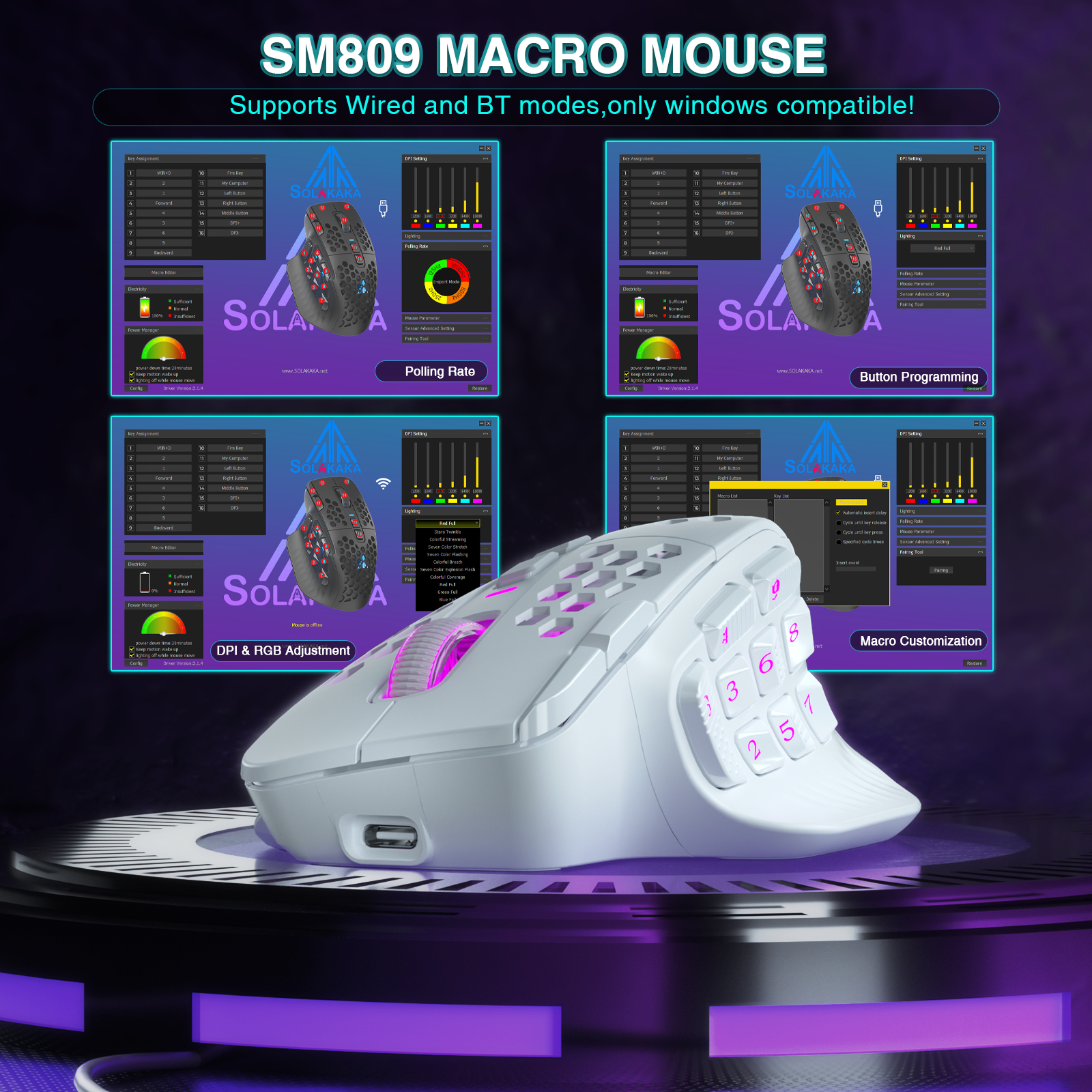 SM809pro Tri-Mode MM0 Wireless Gaming Mouse, Adjustable DPI RGB Backlight,white V1300-SM809PRO-WHITE